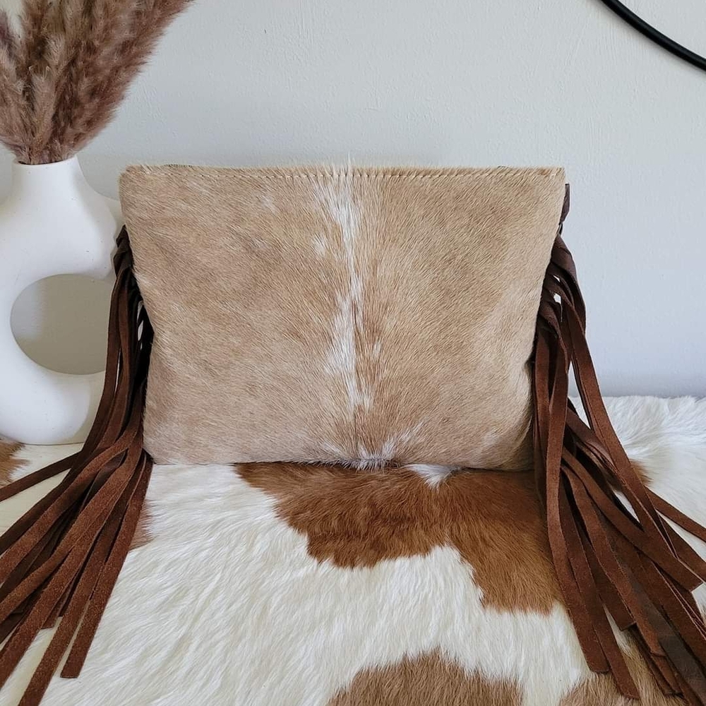Tan and Brown Fringe Suede Clutch